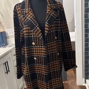 Anne Klein Black and Brown Plaid Trench Coat
